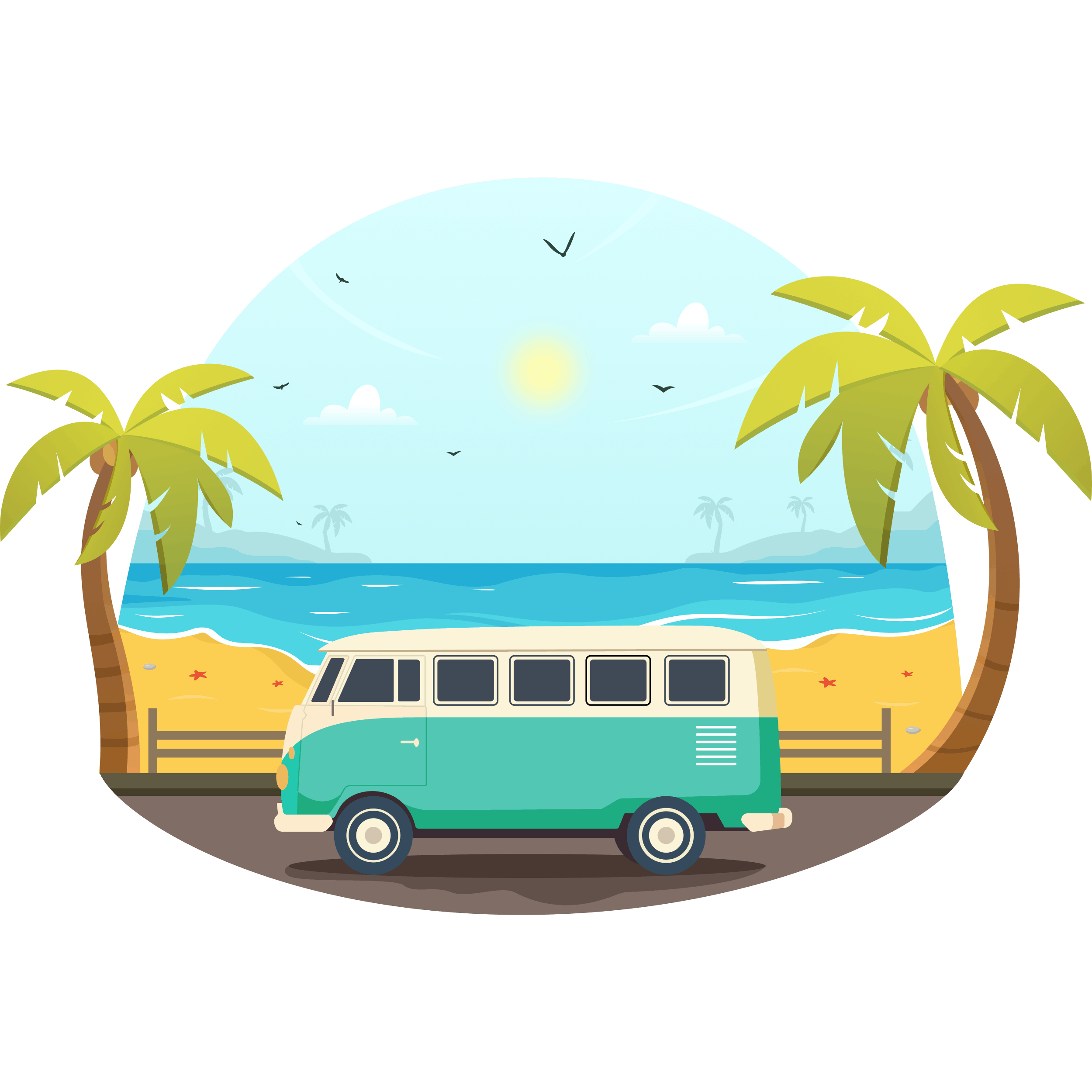 Illustration of The Curists VW T2 van by the beach