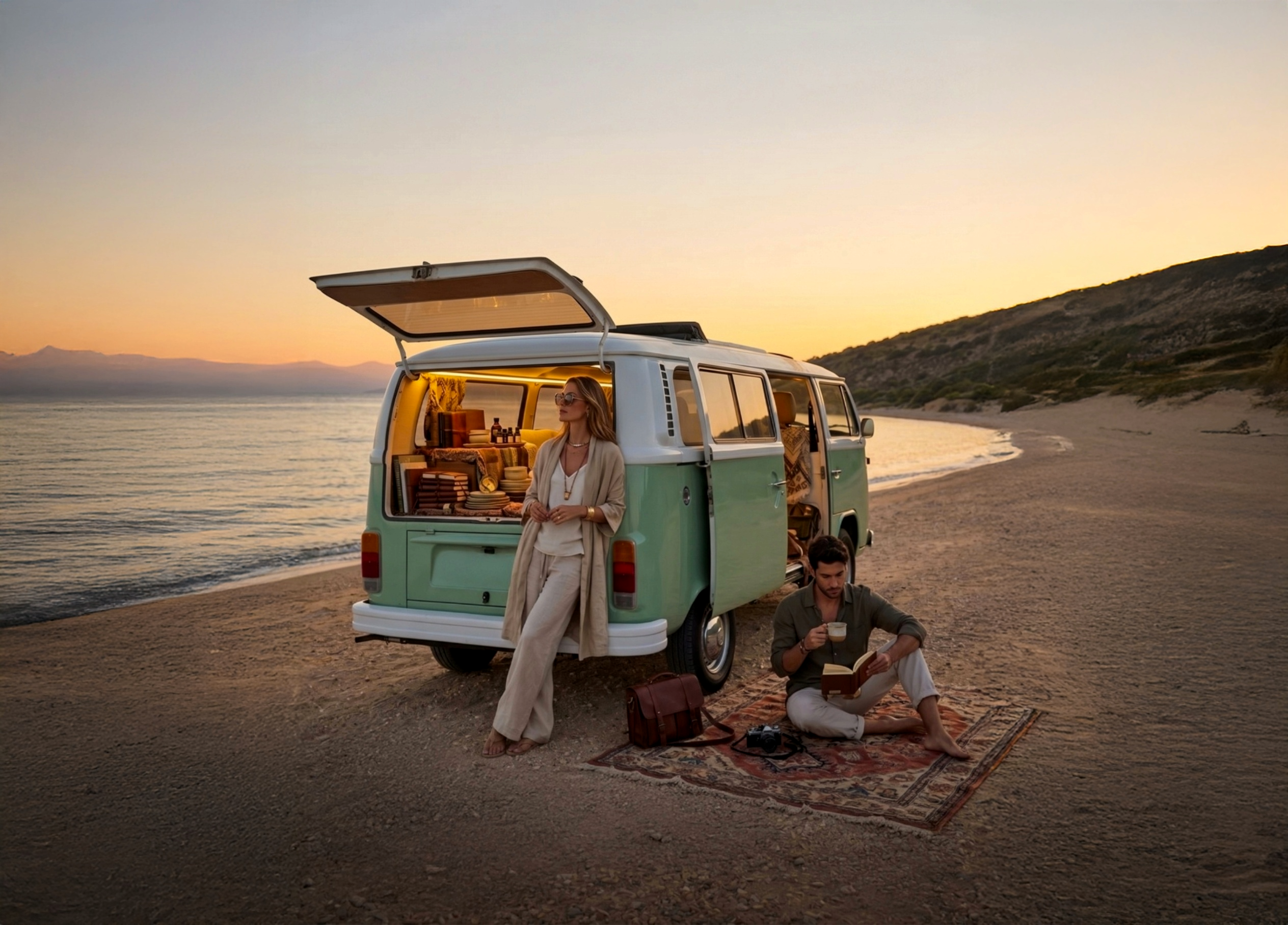 Two people beside The Curists mint Volkswagen van on a beach at sunset