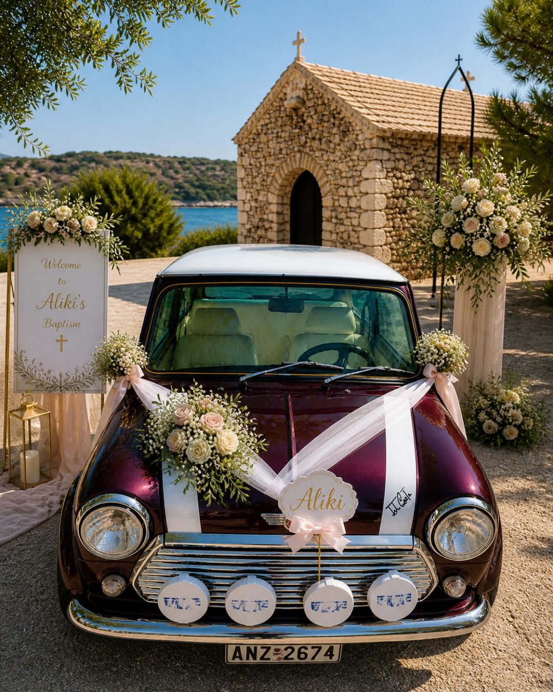 A burgundy classic Mini decorated with flowers outside a seaside chapel