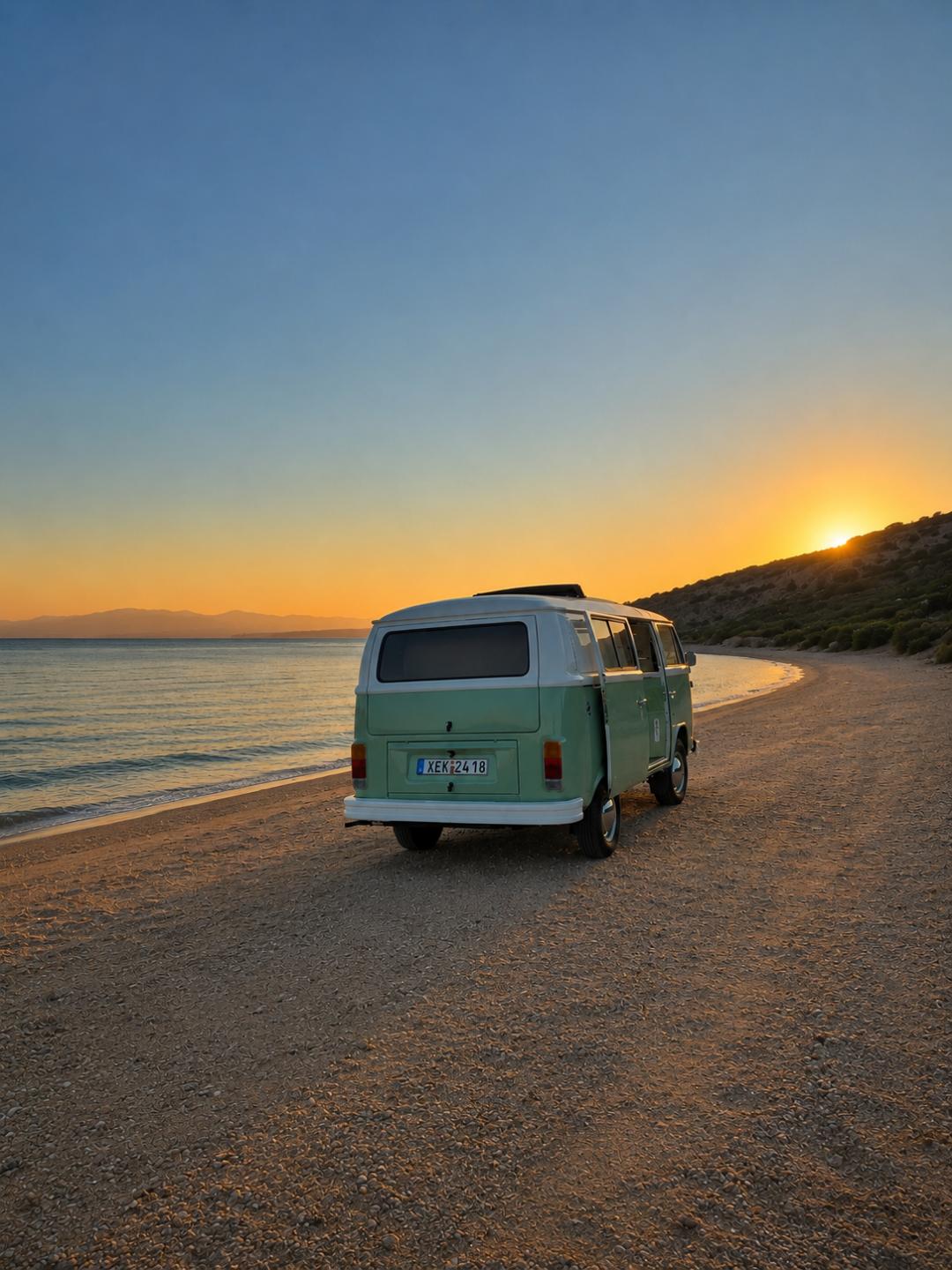 The mint Curists van on a quiet beach at sunset