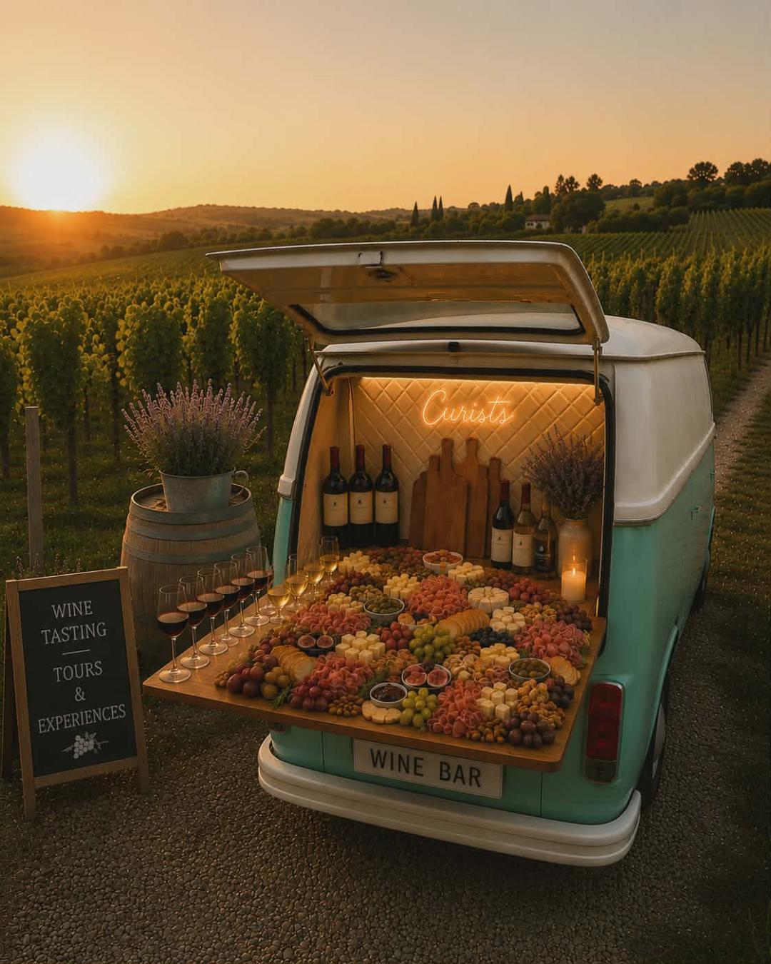 A Volkswagen van set up as a wine bar beside a vineyard