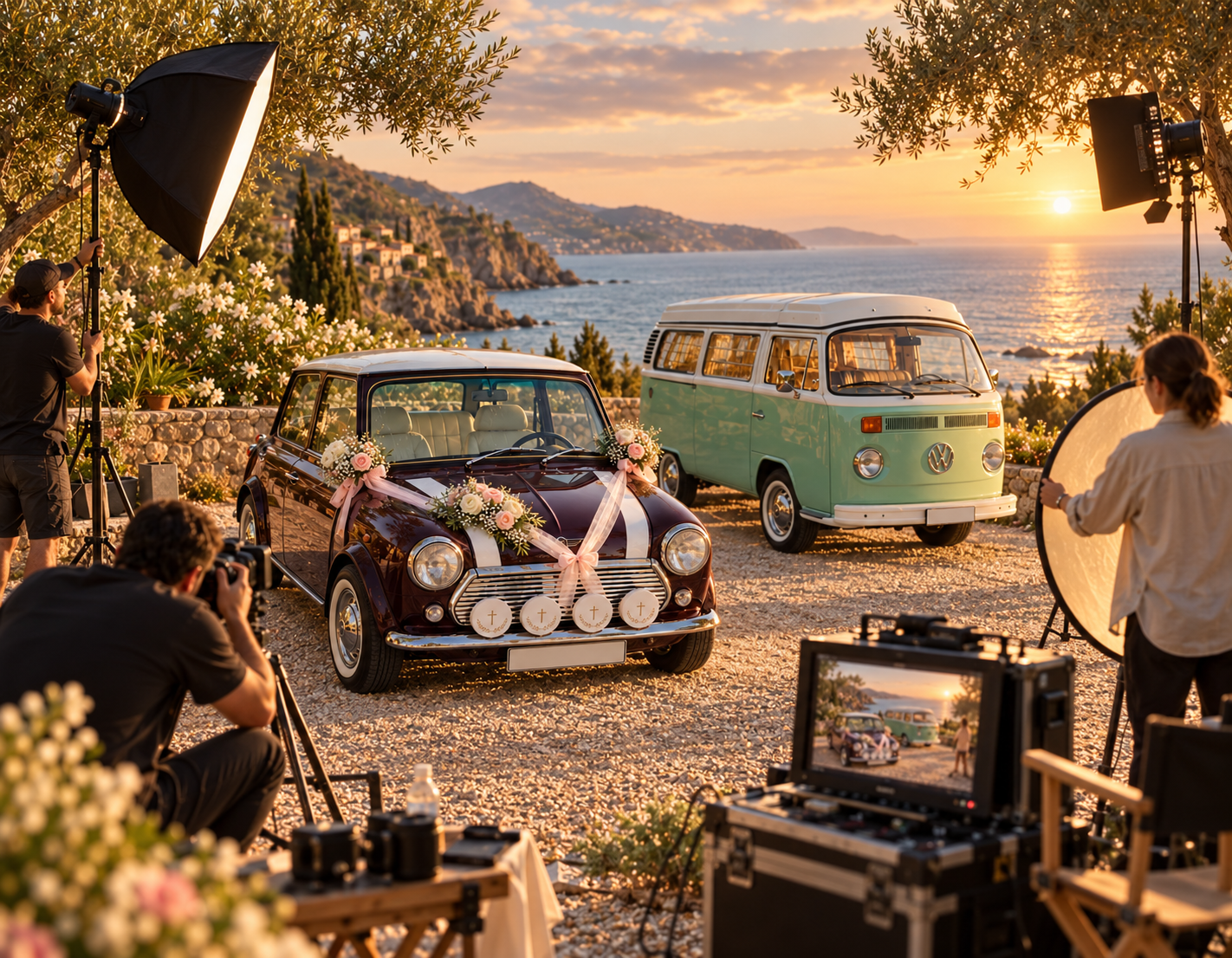 Classic Mini and mint Volkswagen van on a coastal photo shoot, surrounded by cameras, lights and crew at sunset
